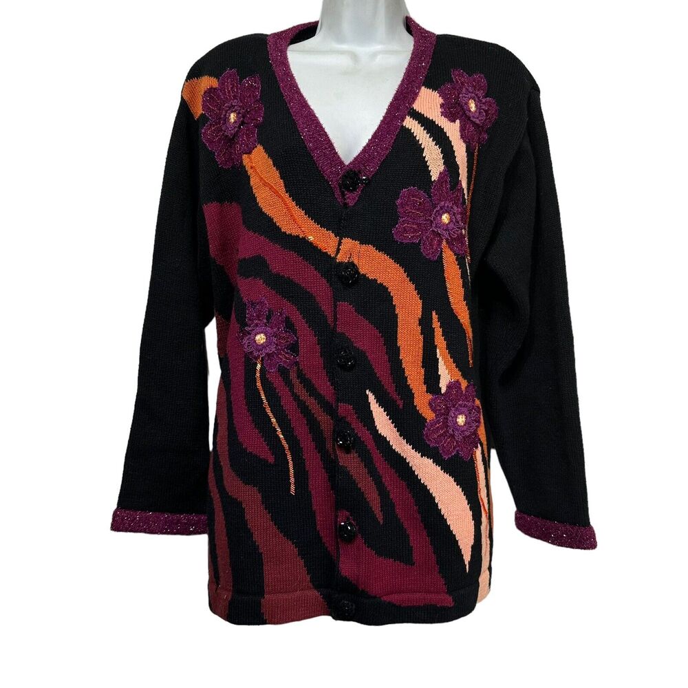 STORYBOOK KNITS Black Purple Orange Zebra Sweater L